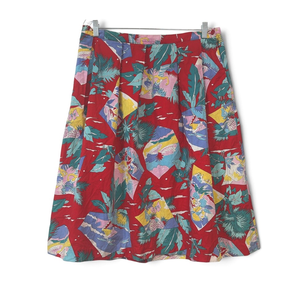 Vintage Ambitions Red Tropical Novelty Print Pleated A-Line Midi Skirt Large